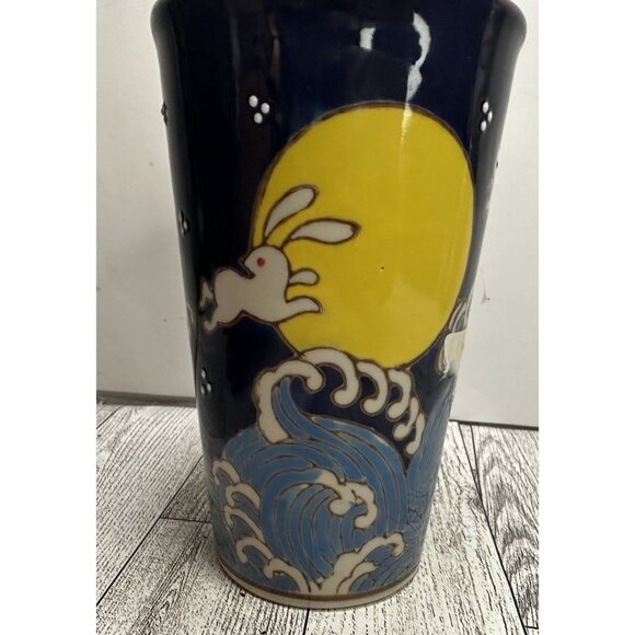 6" Tall Ceramic Travel Mug "Bunny Wave" 16 Oz. Bunnies Jumping over the Moon NEW - Picture 4 of 10